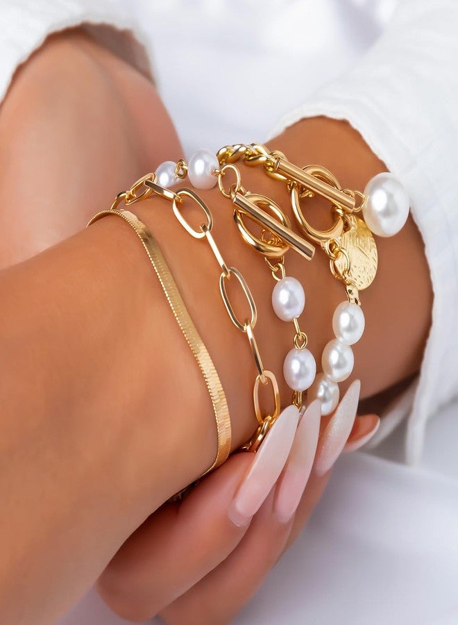 Eason1874 Layered Paperclip Gold Pearl Stack Bracelet Set for Woman Chunky Simulated Pearl jewelry (Four Pcs A) - Image 2